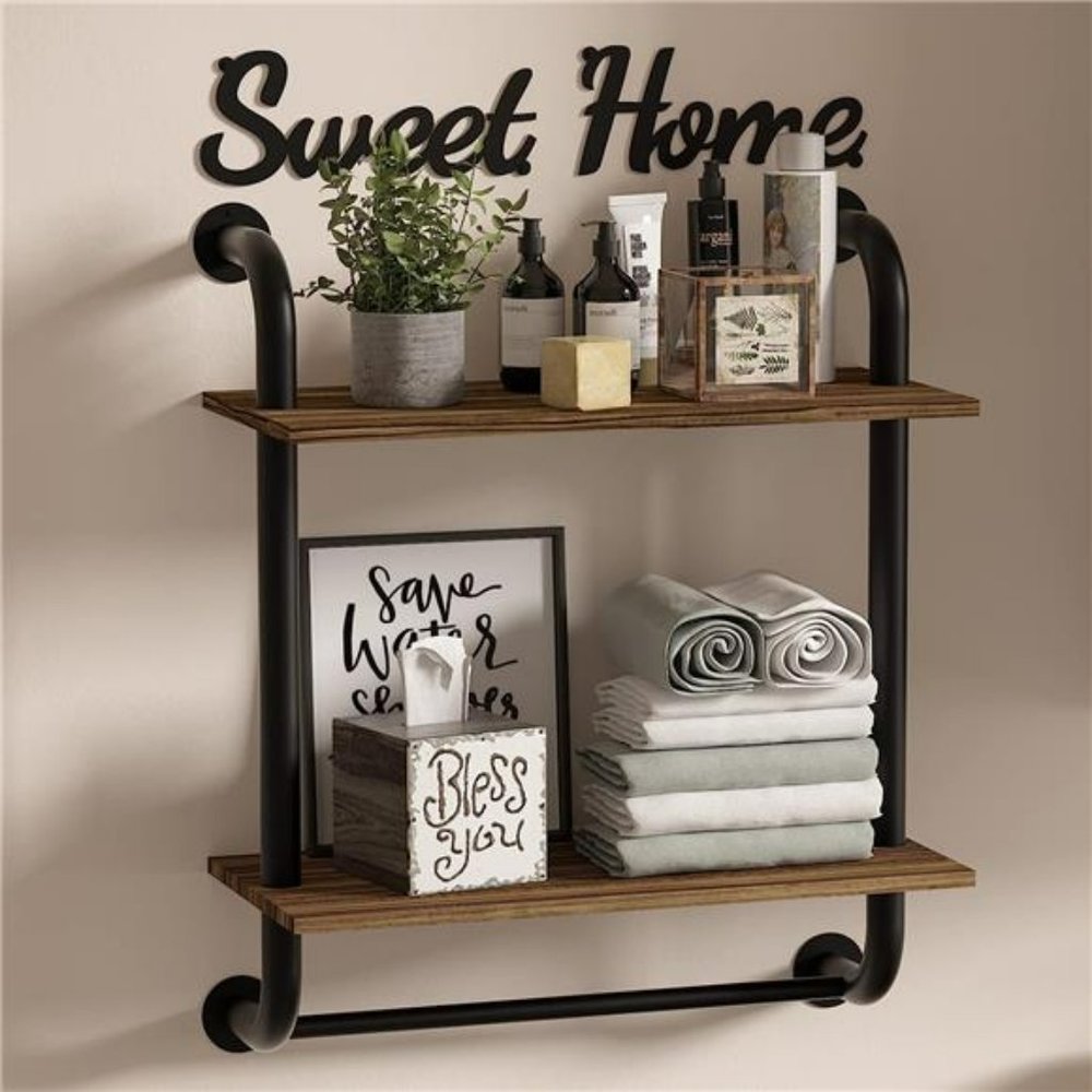 Bathroom Shelves Wall Mounted, Rustic Farmhouse Pipe Shelves, 2-Tier,17.3 inch